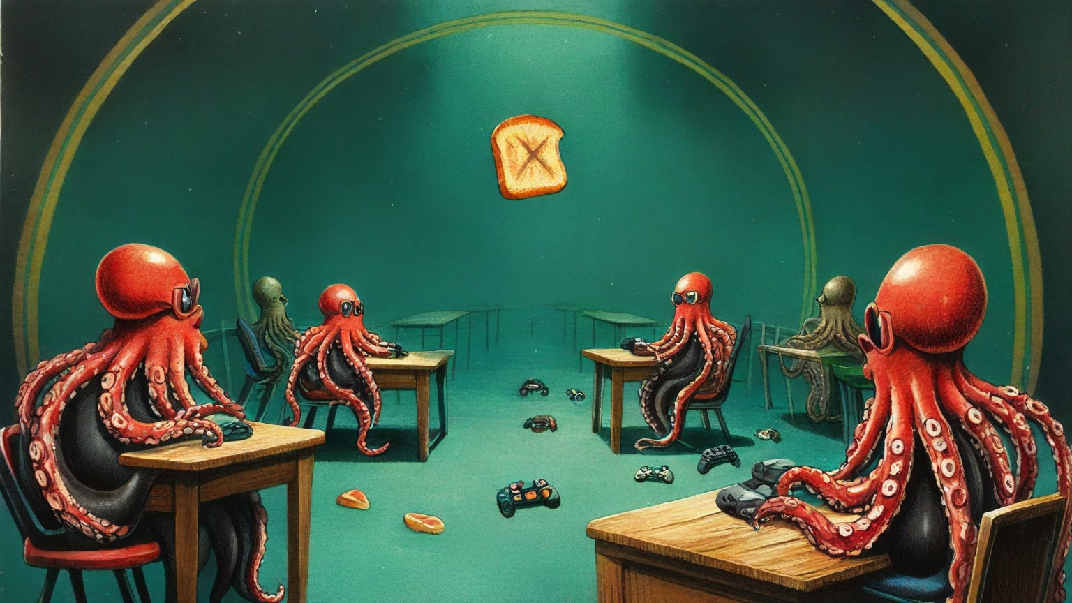 Illustrazione del corso MTCRE: In a circular classroom, an octopus teacher and student octopuses sit at low benches. They grip handheld controllers, guiding tiny cars through a sprawling, multi-lane slot-car rac