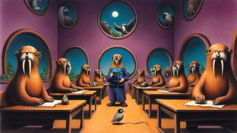 Illustrazione del corso MTCINE: In a vast circular train station, a walrus teacher stands before walrus students seated on wooden benches. Round portals loom behind them, showing distant worlds. Miniature routers