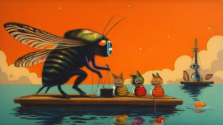 Illustrazione del corso MTCNA: On a wooden raft drifting across a calm sea, a large, many-eyed moth teacher instructs kittens in space suits. At small desks, kittens fish for colorful cables with bamboo rods to
