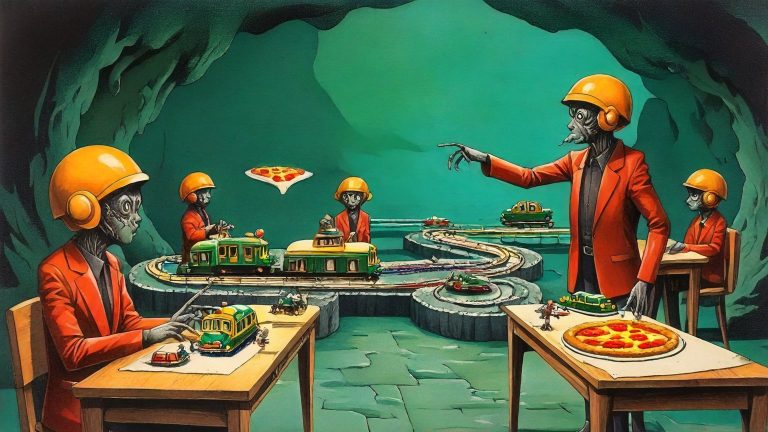 Illustrazione del corso MTCRE: In a subterranean classroom, a tentacled teacher in a tiny helmet points at a sprawling toy train layout of switches and tracks. Student aliens in helmets push miniature cars throu