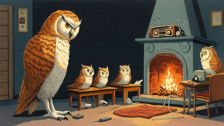 Illustrazione del corso Webinar: In a cozy living room, a large owl teacher stands beside a massive vintage radio by a crackling fireplace. Student owls sit on benches wearing fluffy slippers, each desk holding a