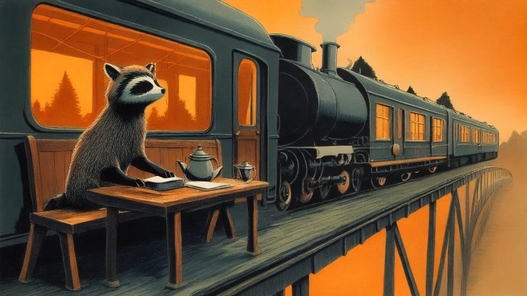 Illustrazione del corso Lab: On a suspended iron bridge, a raccoon teacher instructs student raccoons at wooden benches inside a passing steam train. Each desk holds a router with tangled cables. Outside the w