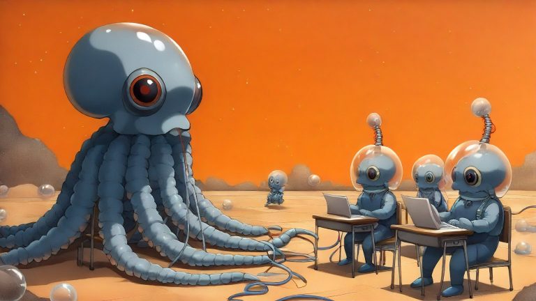 Illustrazione del corso MTCNA: On a lunar base, a large, multi-eyed cephalopod teacher instructs baby octopuses in bubble helmets. At small metallic desks, the students pass a single long cable hand to hand to c