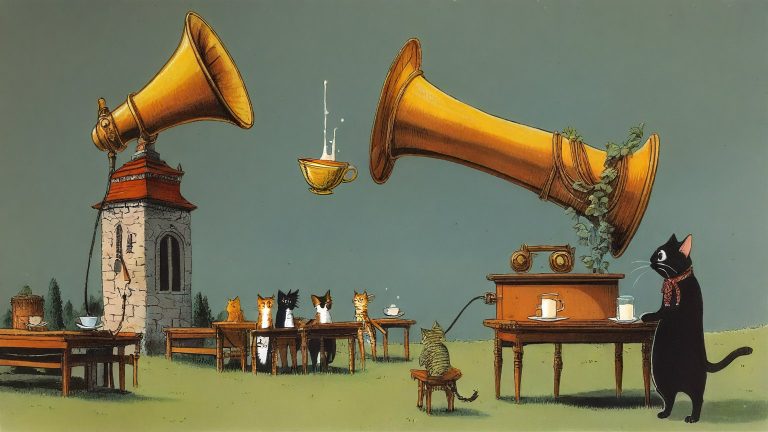 Illustrazione del corso Webinar: On a grassy hillside, a tall cat teacher stands beside a massive gramophone horn emerging from a stone tower. Student cats sit on wooden benches, each desk holding a tiny router wi