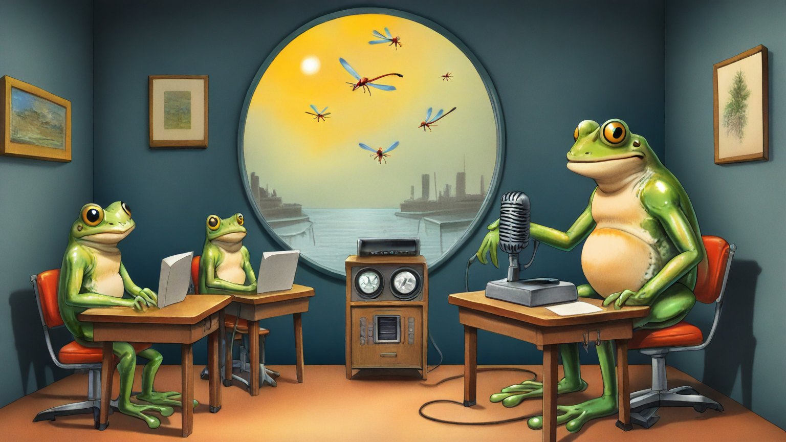 Illustrazione del corso Webinar: Inside a cramped, circular radio studio, a large frog teacher speaks into a vintage microphone. Student frogs sit at small wooden desks, each holding a tiny router with tangled cab