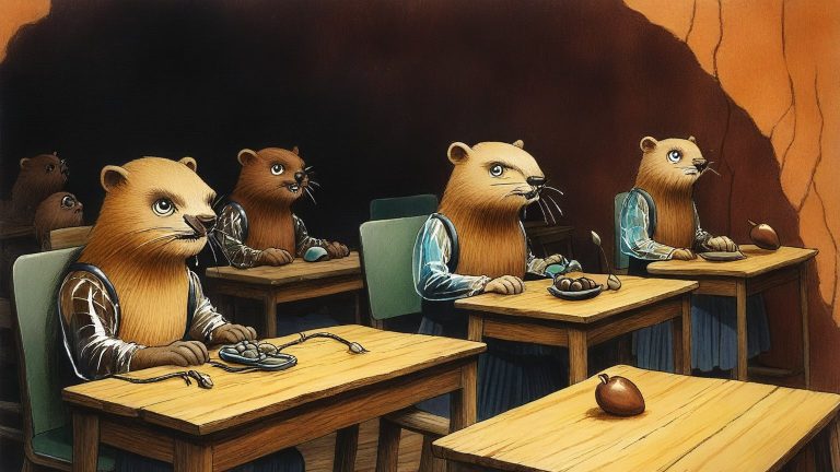 Illustrazione del corso Lab: Inside a hollowed log classroom, an elder beaver teacher observes student beavers at wooden benches. Each student sits beside a shiny, new translucent shell and a router with tangl