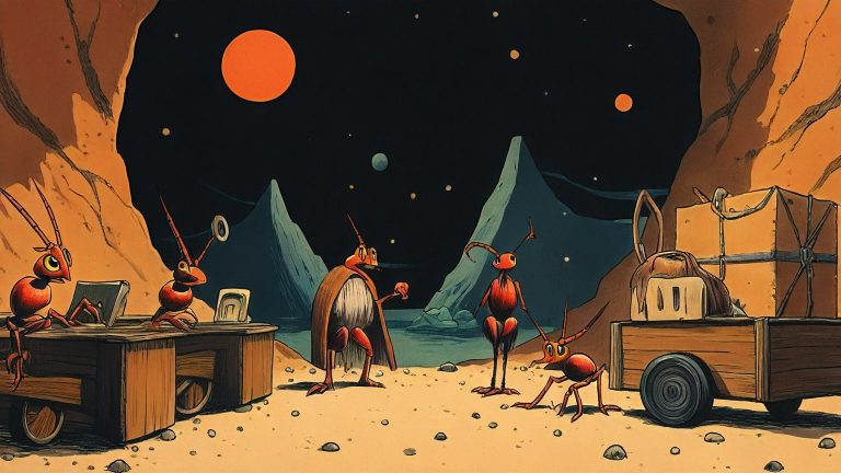Illustrazione del corso Lab: In a subterranean tunnel classroom, an elder ant teacher instructs student ants at pebble benches. Each desk holds a small router and tangled cables. Outside, ants pull a heavy woo