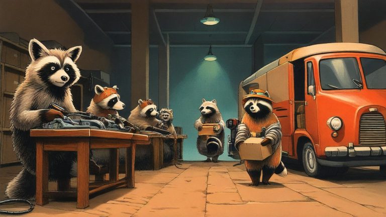 Illustrazione del corso Lab: Inside a cluttered workshop, an elder raccoon teacher instructs student raccoons at wooden benches. Each desk holds a router wrapped in thick blankets and tangled cables. Outside,