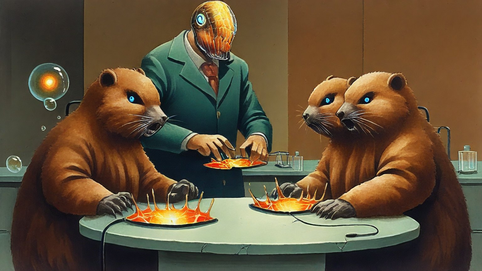 Illustrazione del corso Lab: In a sterile, glass-walled laboratory, an elder beaver teacher monitors young beaver students at metallic benches. Each student carefully transfers a glowing router from a cracked,