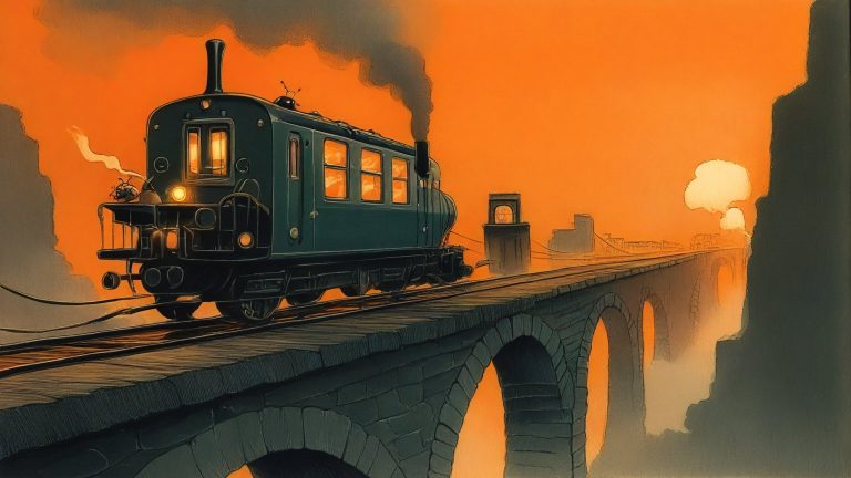 Illustrazione del corso Lab: On a high stone bridge, an elder ant teacher leads student ants in a mobile classroom atop a moving steam train. Student ants sit at tiny wooden benches featuring routers and tangl