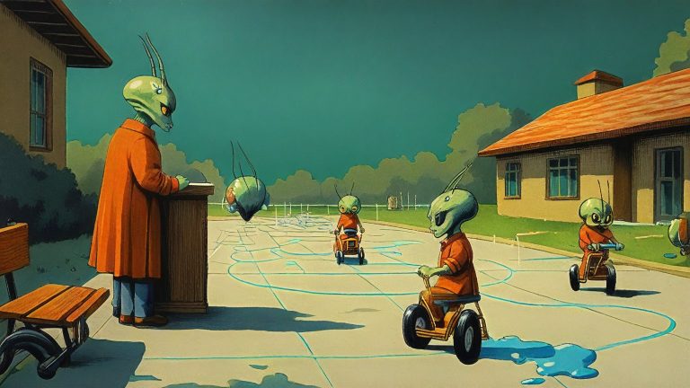 Illustrazione del corso MTCRE: In a sunlit schoolyard, an antennaed teacher directs student aliens on tricycles through a vast chalk-drawn road maze. Small routers with tangled cables rest on wooden benches near