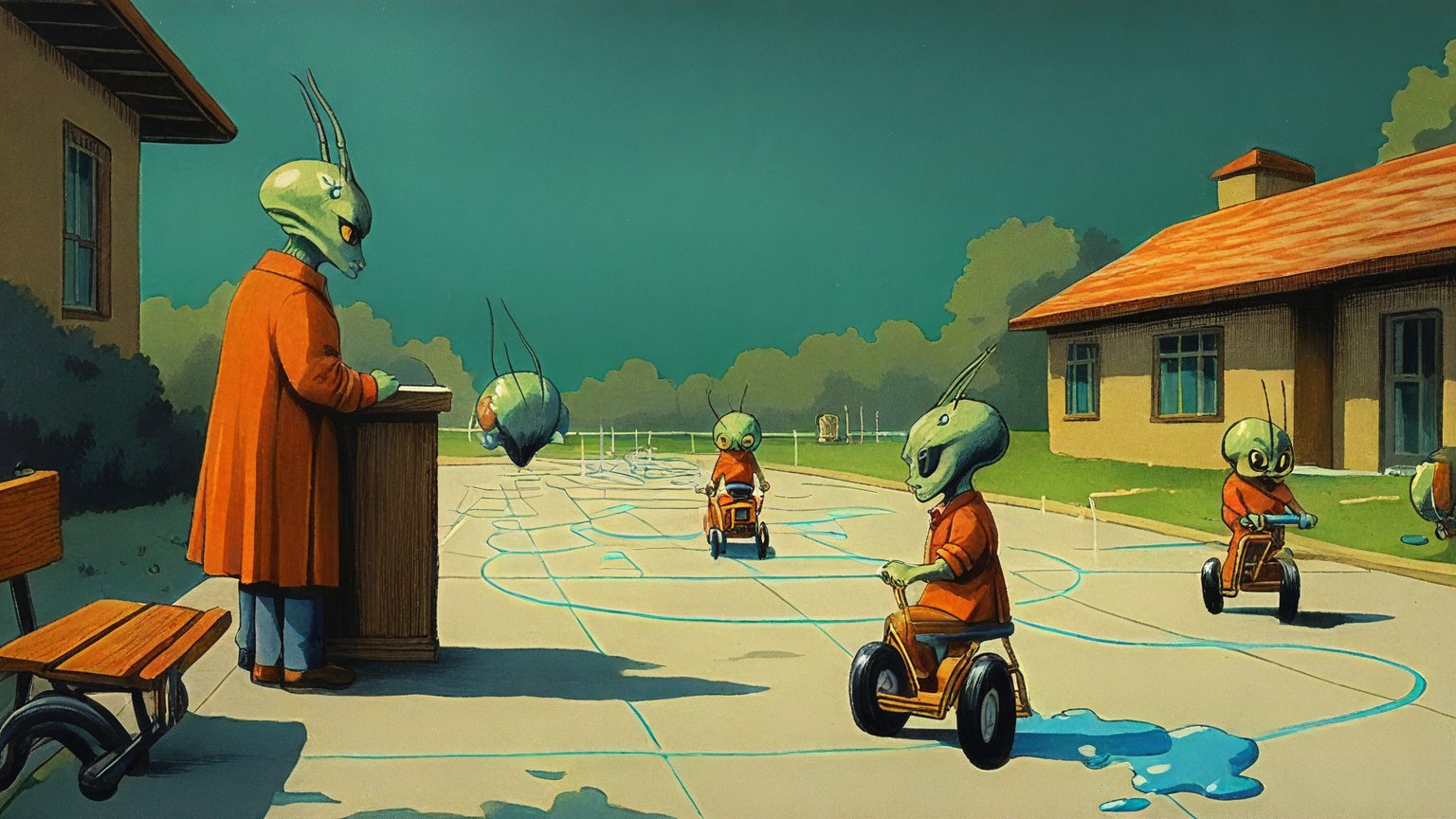 Illustrazione del corso MTCRE: In a sunlit schoolyard, an antennaed teacher directs student aliens on tricycles through a vast chalk-drawn road maze. Small routers with tangled cables rest on wooden benches near