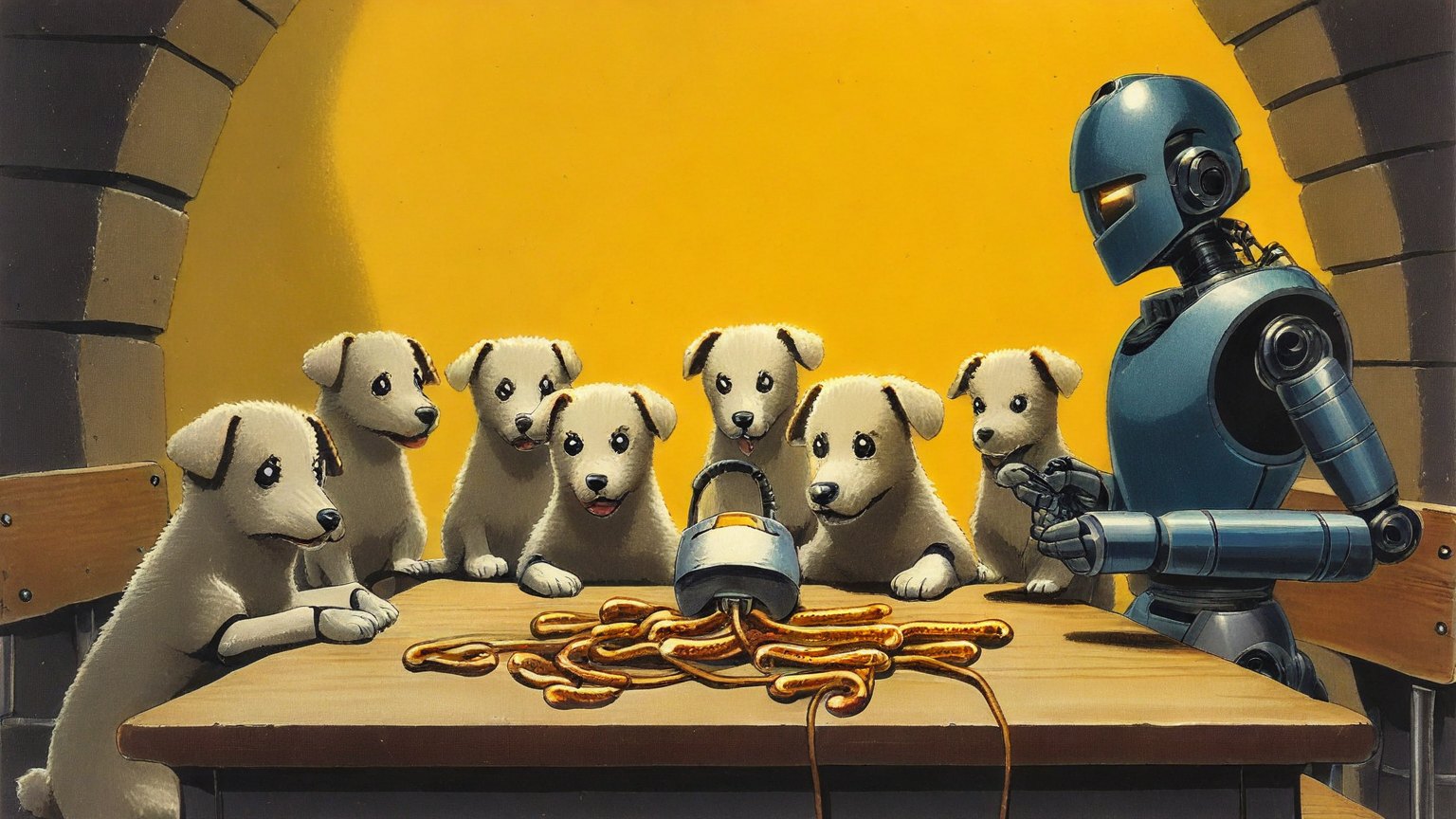 Illustrazione del corso MTCSE: In a stone gatehouse, a robotic knight instructor leads a class of puppy students seated at heavy wooden benches. Each puppy stares at a small router with tangled cables. On the ce