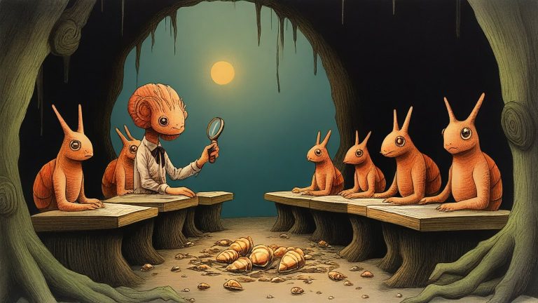 Illustrazione del corso Lab: In a hollowed-out tree classroom, an elder snail teacher observes young student snails at mossy desks. Each snail sits beside a shiny, new translucent shell and a small router with