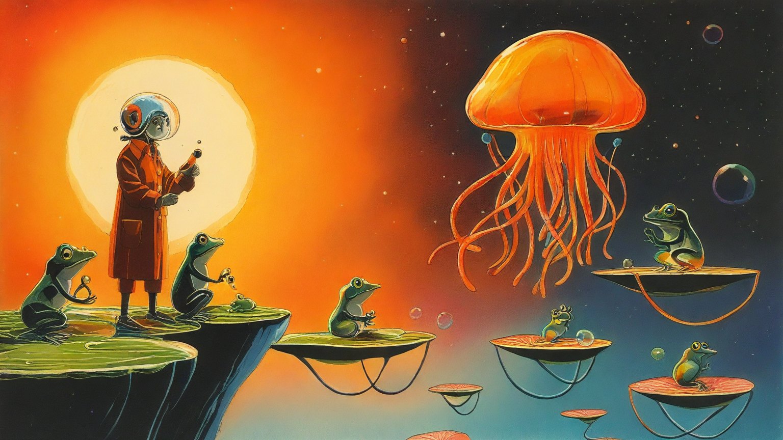 Illustrazione del corso MTCNA: In a floating glass classroom drifting through a nebula, a large, translucent jellyfish teacher instructs several small frog students perched on hovering lily pads. Each frog conne