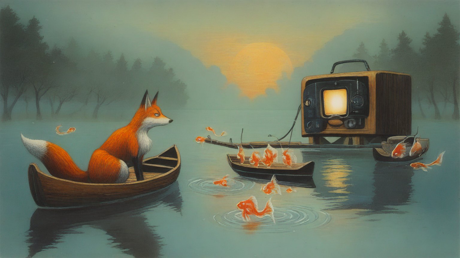 Illustrazione del corso Webinar: On a misty, silent lake, a fox instructor stands in a wooden rowing boat, teaching several fox students in nearby vessels. They surround a massive, floating antique radio. Each sma