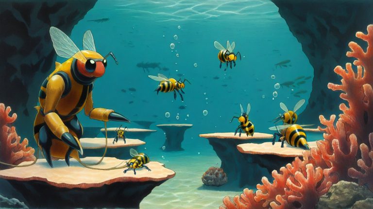 Illustrazione del corso MTCIPv6E: In an underwater coral classroom, a large bee teacher instructs young bee students swimming between porous hexagonal reef cells. On coral benches, small routers with tangled cables