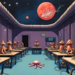 Illustrazione del corso MTCINE: Inside a vast sorting station, a giant seahorse teacher instructs small seahorse students seated at floating benches. Thick pneumatic tubes arc toward distant planets above. On eac