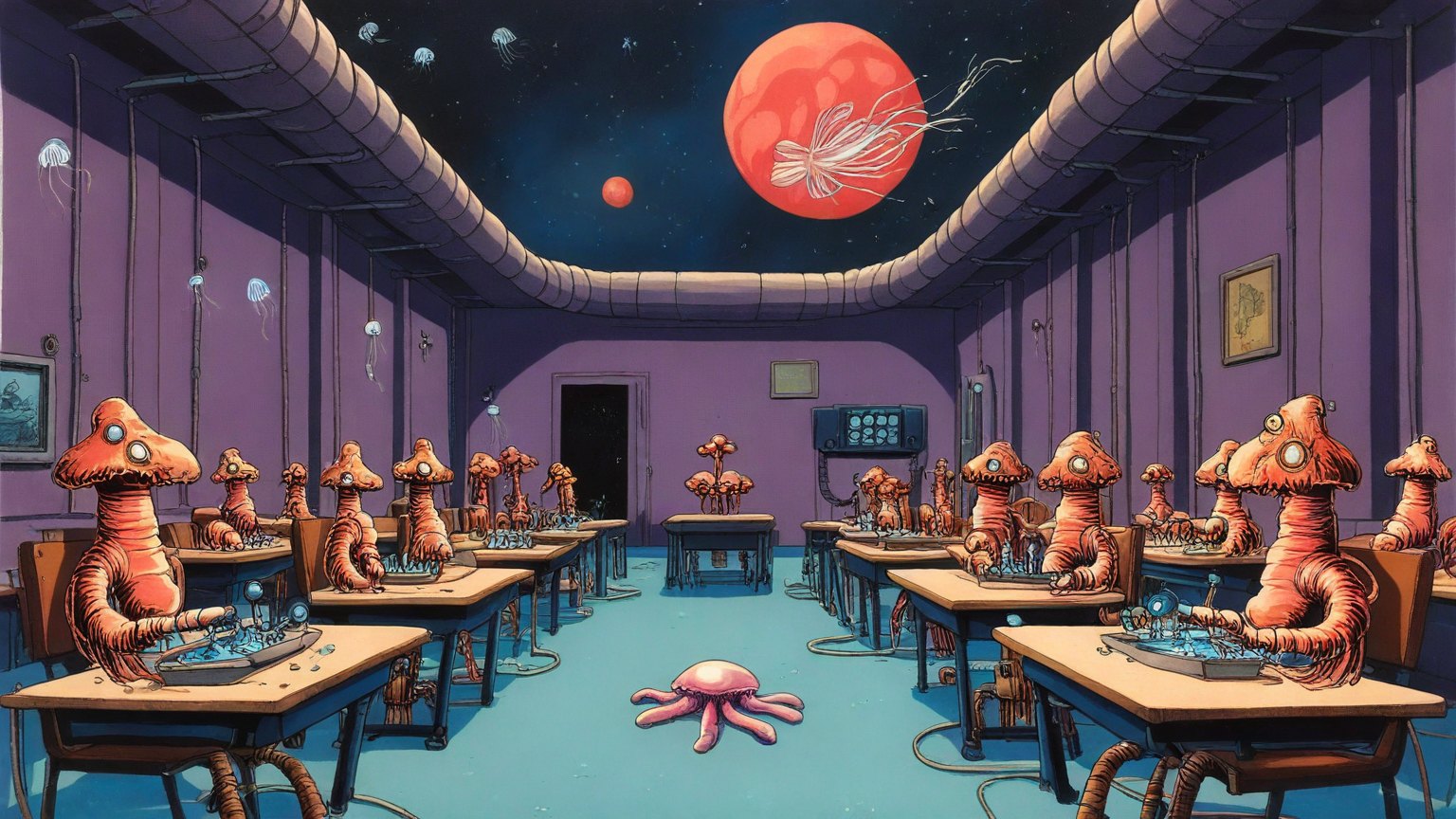 Illustrazione del corso MTCINE: Inside a vast sorting station, a giant seahorse teacher instructs small seahorse students seated at floating benches. Thick pneumatic tubes arc toward distant planets above. On eac
