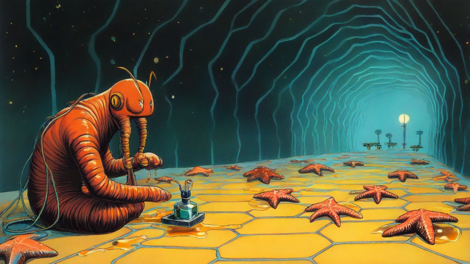 Illustrazione del corso MTCIPv6E: Inside a vast honeycomb, a large starfish teacher instructs young starfish students seated on wax benches. Each cell contains a small router with tangled cables. The students obser