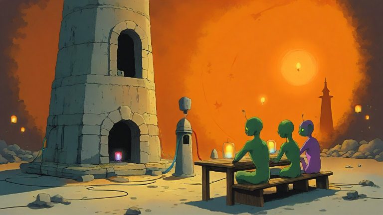 Illustrazione del corso MTCNA: Inside a stone lighthouse tower, a large green alien teacher instructs several small antennaed students at wooden benches. The aliens connect colorful cables between glowing lanter