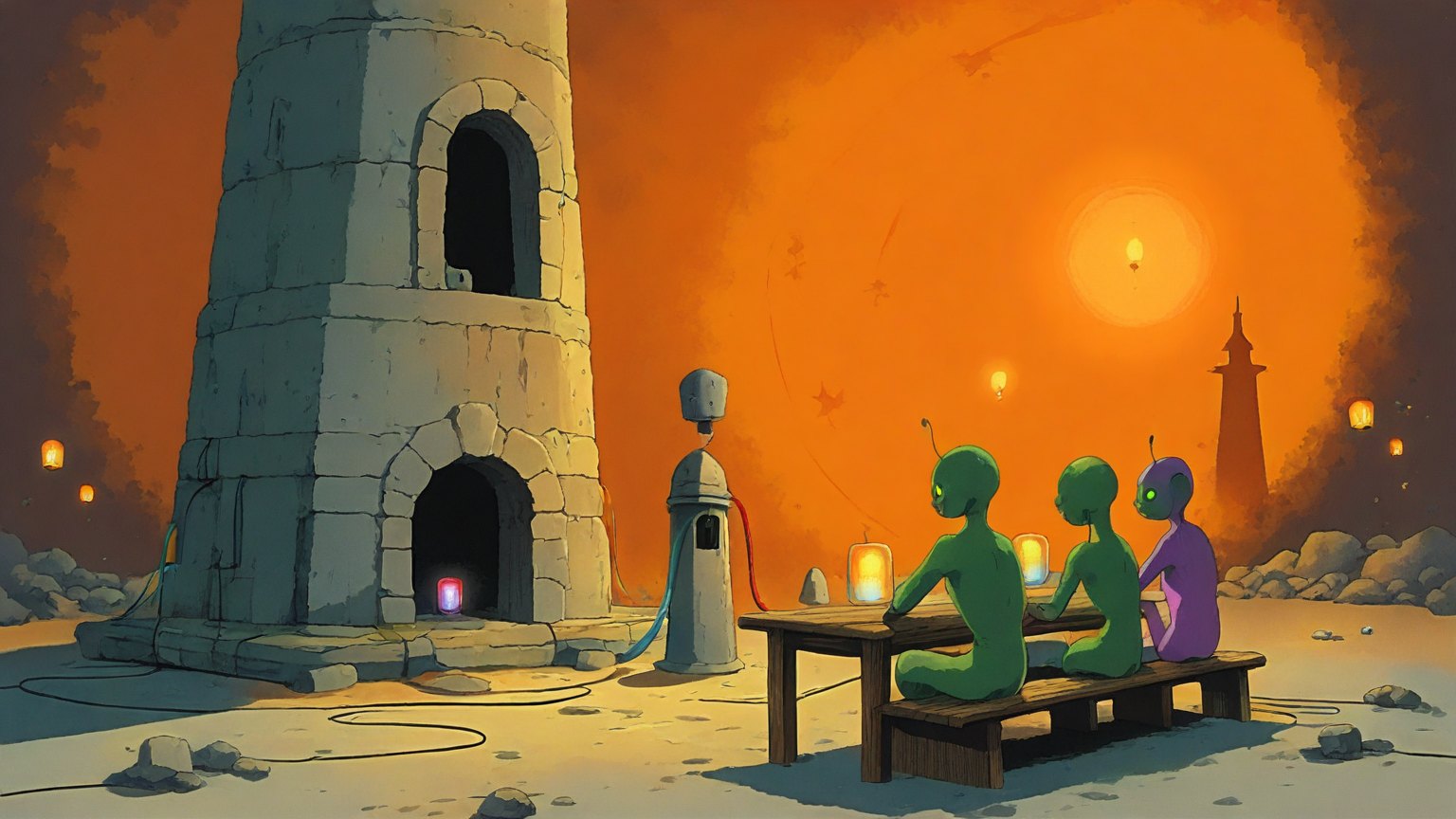 Illustrazione del corso MTCNA: Inside a stone lighthouse tower, a large green alien teacher instructs several small antennaed students at wooden benches. The aliens connect colorful cables between glowing lanter