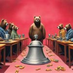 Illustrazione del corso MTCUME: In a vast hotel lobby, a large bear instructor stands before several seated bear students at wooden benches. On each desk, small routers sit amidst a chaotic pile of brass keycards