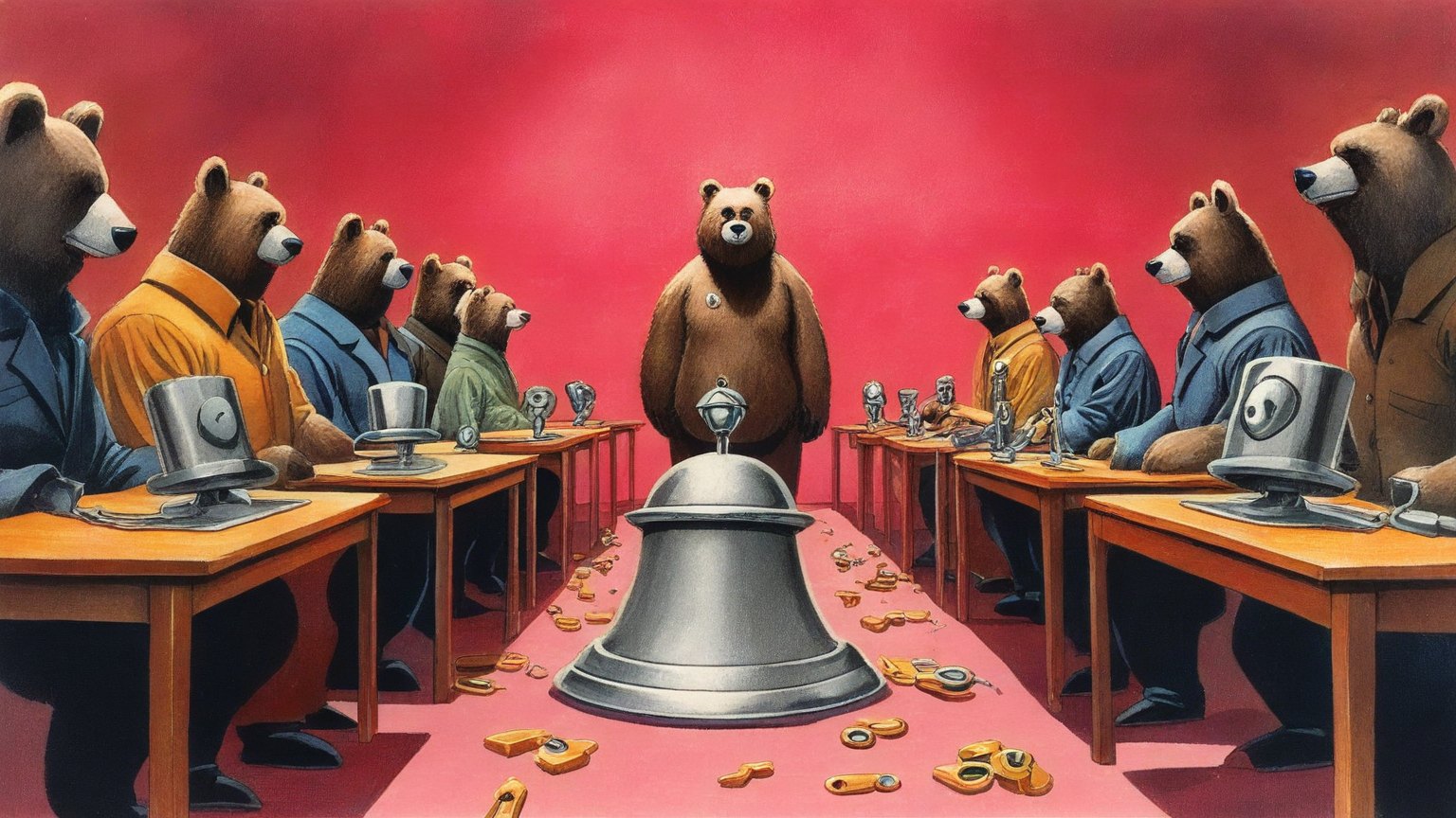 Illustrazione del corso MTCUME: In a vast hotel lobby, a large bear instructor stands before several seated bear students at wooden benches. On each desk, small routers sit amidst a chaotic pile of brass keycards