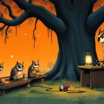 Illustrazione del corso MTCNA: Under a massive, ancient oak tree, a large, wise owl teacher instructs several owlets seated on mossy logs. Tiny toy routers hang from low branches like heavy fruit. Each owlet con