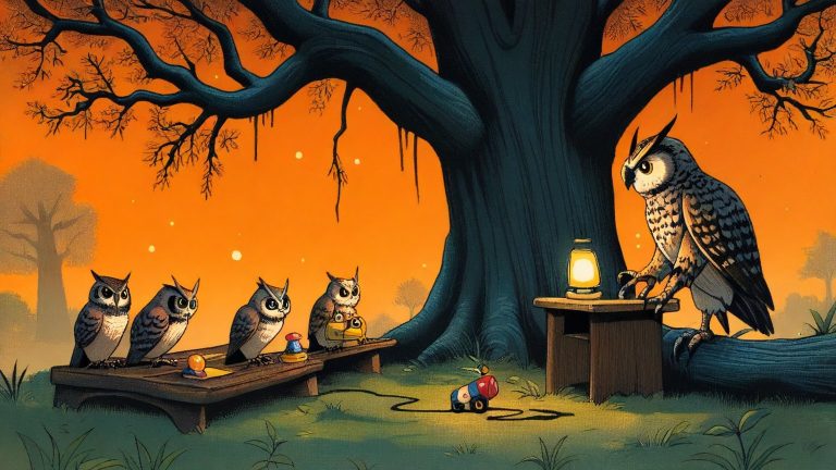 Illustrazione del corso MTCNA: Under a massive, ancient oak tree, a large, wise owl teacher instructs several owlets seated on mossy logs. Tiny toy routers hang from low branches like heavy fruit. Each owlet con