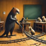 Illustrazione del corso MTCSWE: In a miniature rail yard classroom, a beaver instructor pulls heavy iron levers to divert tiny toy trains. Small mice students sit on wooden benches, watching tracks split. On each