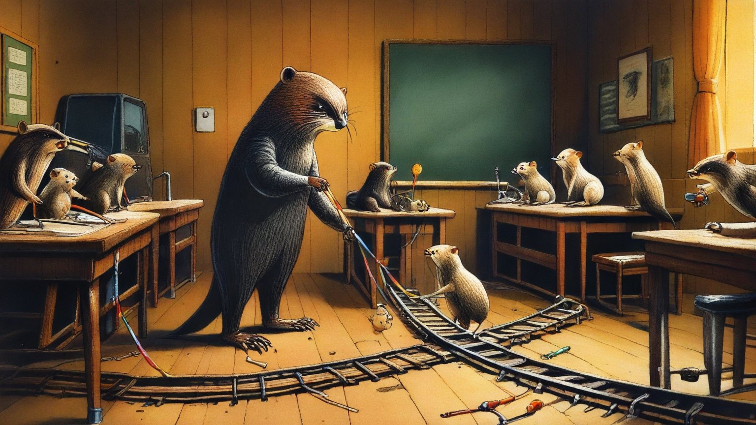 Illustrazione del corso MTCSWE: In a miniature rail yard classroom, a beaver instructor pulls heavy iron levers to divert tiny toy trains. Small mice students sit on wooden benches, watching tracks split. On each