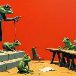 Illustrazione del corso MTCTCE: On a raised stone pedestal, a large frog instructor gestures toward a slow-moving line of snails. Several student frogs sit at wooden desks, each tending to a small router with tan