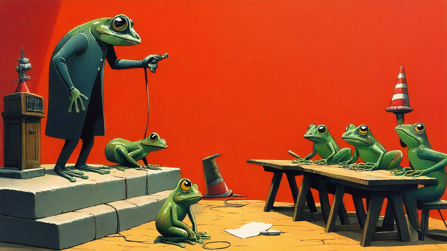 Illustrazione del corso MTCTCE: On a raised stone pedestal, a large frog instructor gestures toward a slow-moving line of snails. Several student frogs sit at wooden desks, each tending to a small router with tan