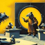 Illustrazione del corso MTCSE: Inside a massive steel vault, an armadillo teacher instructs raccoon students seated at stone benches. The raccoons stare at a colossal, rotating combination lock. Small metallic r