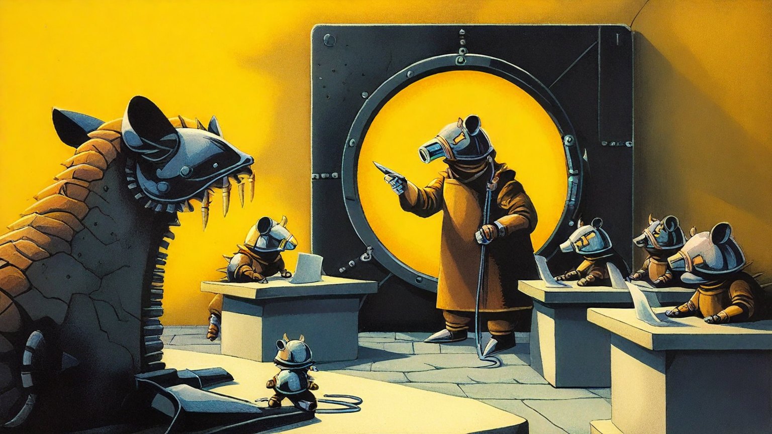 Illustrazione del corso MTCSE: Inside a massive steel vault, an armadillo teacher instructs raccoon students seated at stone benches. The raccoons stare at a colossal, rotating combination lock. Small metallic r