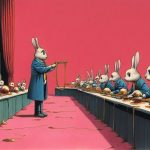 Illustrazione del corso MTCUME: In a theater foyer, a rabbit instructor stands before seated rabbit students at long benches. They inspect golden keys held by a slow-moving queue of snails. Small routers with tan