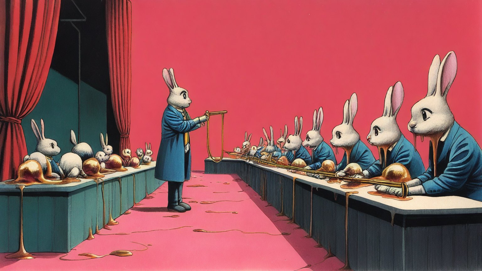 Illustrazione del corso MTCUME: In a theater foyer, a rabbit instructor stands before seated rabbit students at long benches. They inspect golden keys held by a slow-moving queue of snails. Small routers with tan