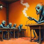 Illustrazione del corso MTCNA: Inside a brass-walled steam engine classroom, a large, multi-limbed crab teacher instructs baby octopuses seated on copper pipes. Each desk holds a small, puffing brass router conn
