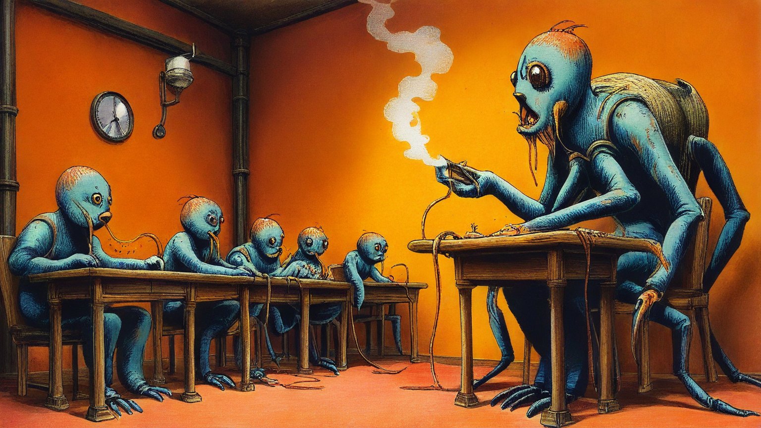 Illustrazione del corso MTCNA: Inside a brass-walled steam engine classroom, a large, multi-limbed crab teacher instructs baby octopuses seated on copper pipes. Each desk holds a small, puffing brass router conn