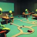 Illustrazione del corso MTCRE: In a low-ceilinged classroom, a large green alien teacher and several small student aliens sit on the floor around a vast, sprawling track of toy roads and intersections. Tiny cars