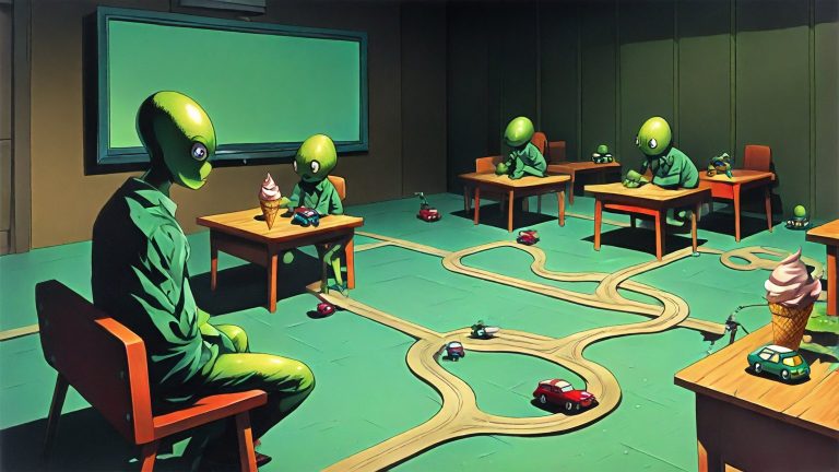 Illustrazione del corso MTCRE: In a low-ceilinged classroom, a large green alien teacher and several small student aliens sit on the floor around a vast, sprawling track of toy roads and intersections. Tiny cars