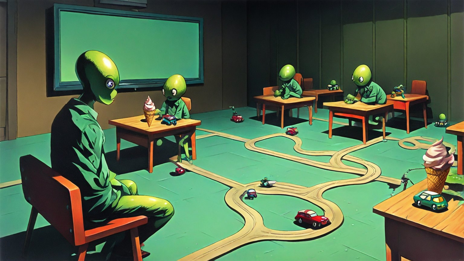 Illustrazione del corso MTCRE: In a low-ceilinged classroom, a large green alien teacher and several small student aliens sit on the floor around a vast, sprawling track of toy roads and intersections. Tiny cars