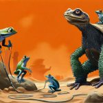Illustrazione del corso MTCNA: In a vast desert canyon, a large, wide-eyed desert tortoise teacher instructs several small frog students perched on sandstone boulders. The frogs connect tiny plastic routers with