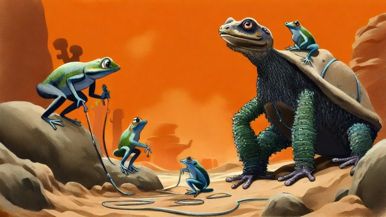 Illustrazione del corso MTCNA: In a vast desert canyon, a large, wide-eyed desert tortoise teacher instructs several small frog students perched on sandstone boulders. The frogs connect tiny plastic routers with