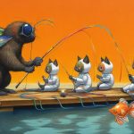 Illustrazione del corso MTCNA: On a wooden raft drifting across a calm sea, a large, furry moth teacher instructs several kittens in space suits. The kittens sit on floating planks, fishing for colorful cables w