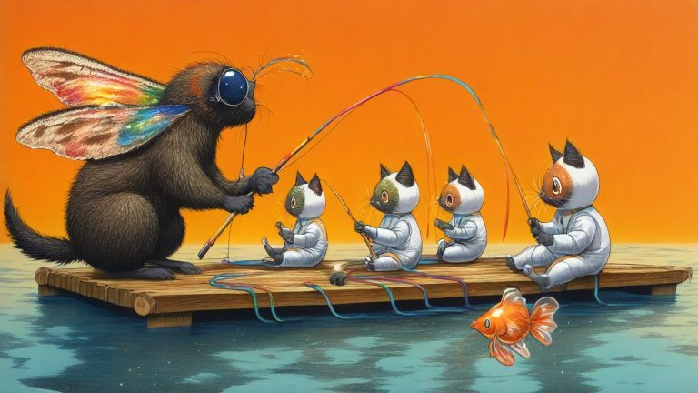Illustrazione del corso MTCNA: On a wooden raft drifting across a calm sea, a large, furry moth teacher instructs several kittens in space suits. The kittens sit on floating planks, fishing for colorful cables w