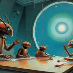 Illustrazione del corso MTCIPv6E: Inside a glass-domed space station, a large beetle teacher instructs young beetle students seated at floating benches. They observe a swirling galaxy of glowing hexagonal stars thr