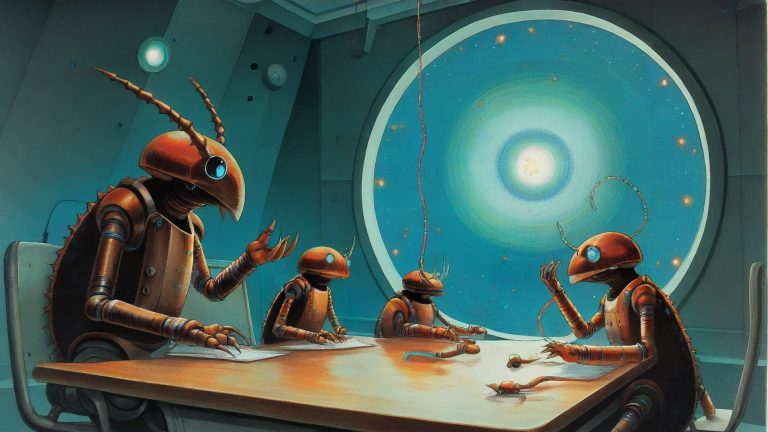Illustrazione del corso MTCIPv6E: Inside a glass-domed space station, a large beetle teacher instructs young beetle students seated at floating benches. They observe a swirling galaxy of glowing hexagonal stars thr