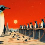 Illustrazione del corso MTCTCE: At a cosmic crossroads, a large penguin instructor stands before several student penguins seated on stone benches. They preside over a classroom of tiny ants flowing through miniat